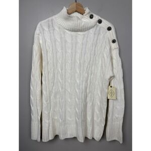 St. John's Bay Cable Knit Turtleneck Button Shoulder Sweater Old Money Preppy PL
